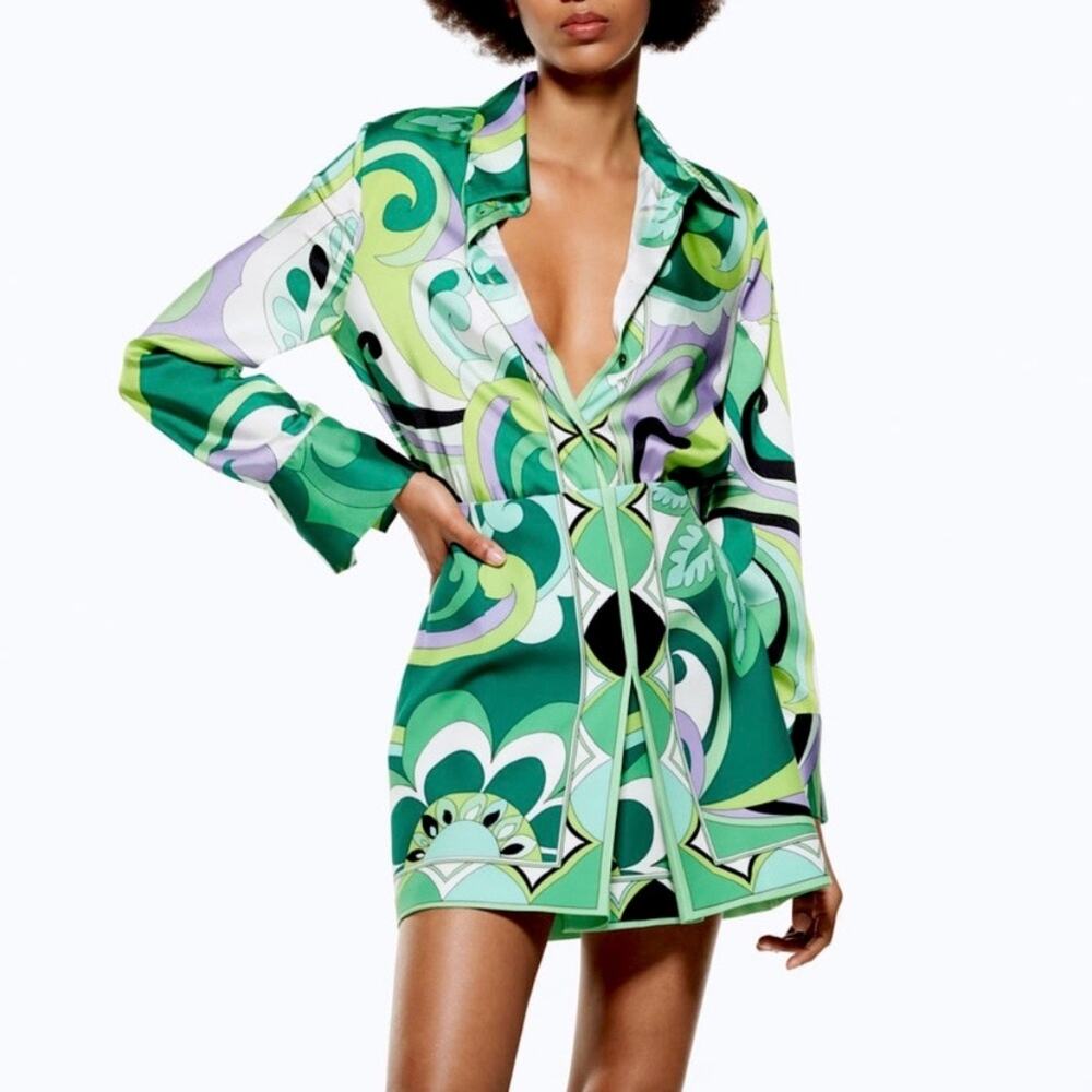 Zara Green Retro Mod Print Pleated A-Line Mini Skirt